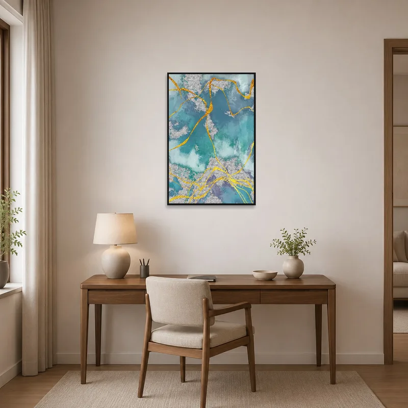 Art piece with teal and gold textures inspiring creativity in a home office.