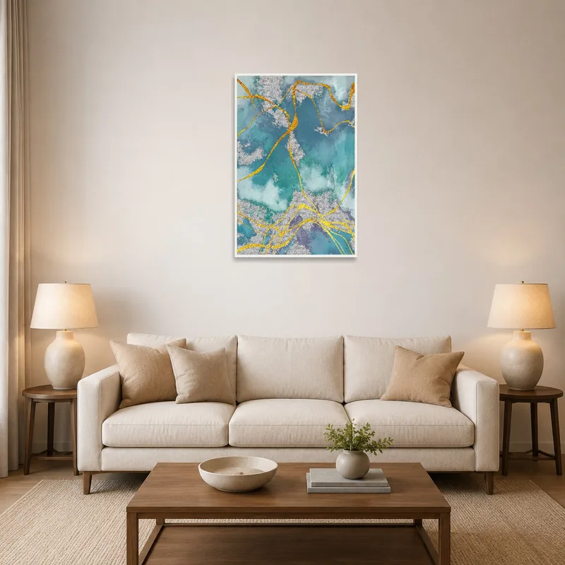 Teal and gold textured art piece displayed above a modern living room sofa.