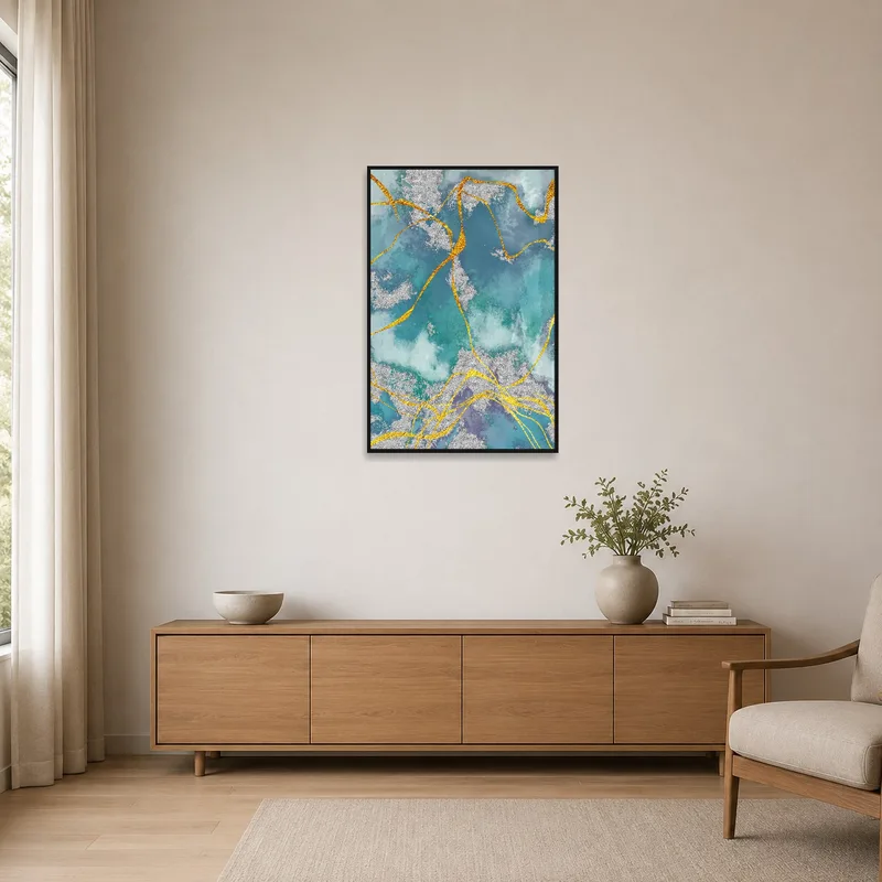 Teal and gold art on a plain white wall in a minimalist room setting.