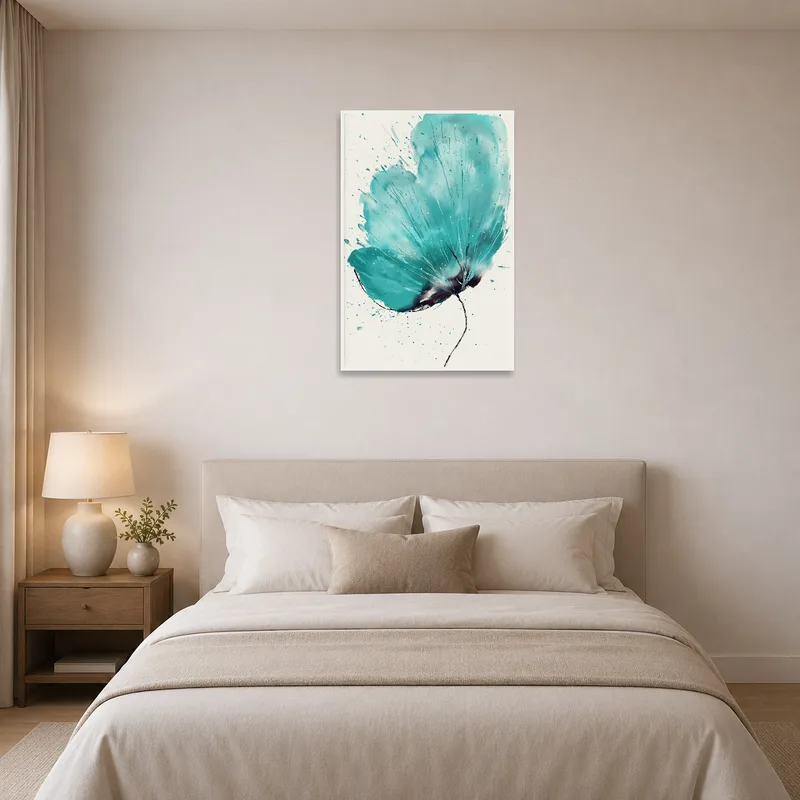 Bedroom featuring teal blossom art above the headboard.