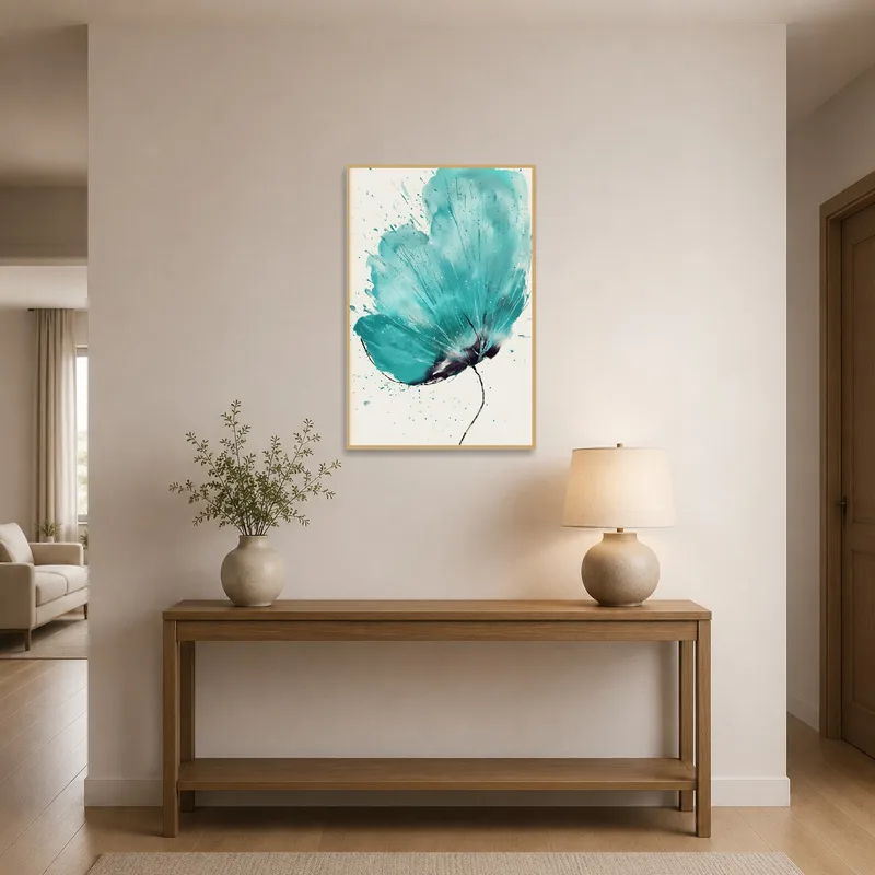 Entrance hall with teal blossom art welcoming visitors.