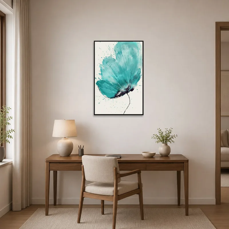 Home office with teal blossom art print enhancing the workspace.