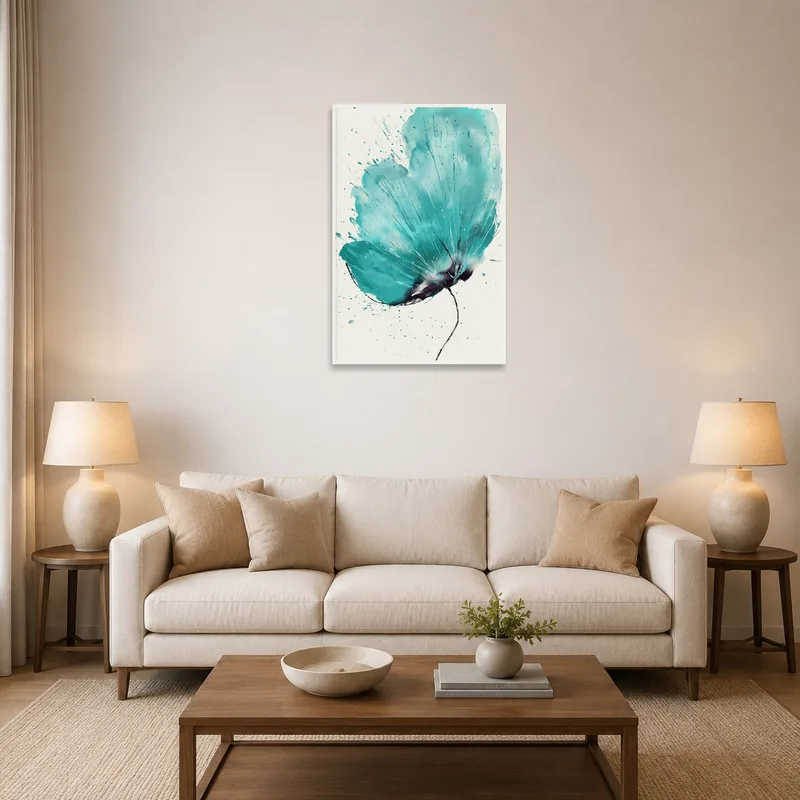 Teal blossom watercolor art print above a modern living room sofa.