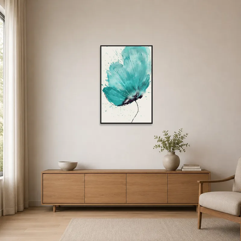 Simplistic room with teal blossom art on a clean white wall.
