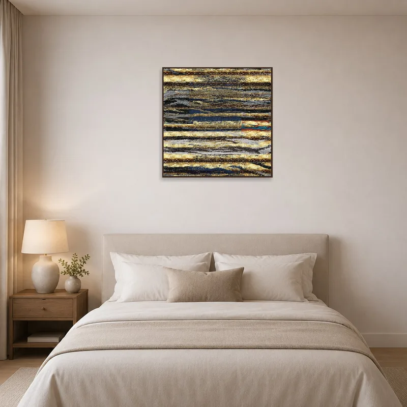 Abstract Textured Squares Artwork displayed in a serene bedroom next to a nightstand.