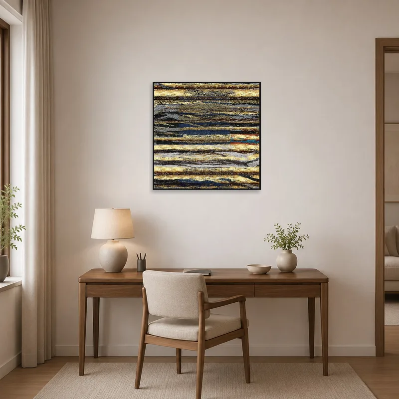 Abstract Textured Squares Artwork adding a modern touch to a home office workspace.