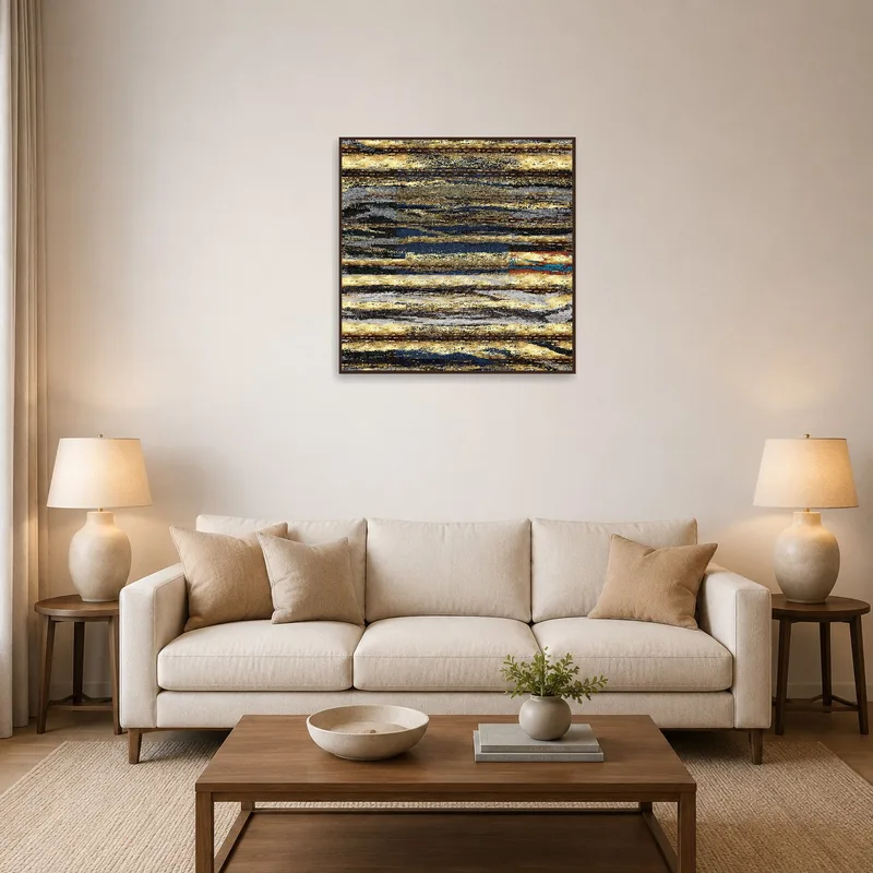 Abstract Textured Squares Artwork on a living room wall above a modern sofa.