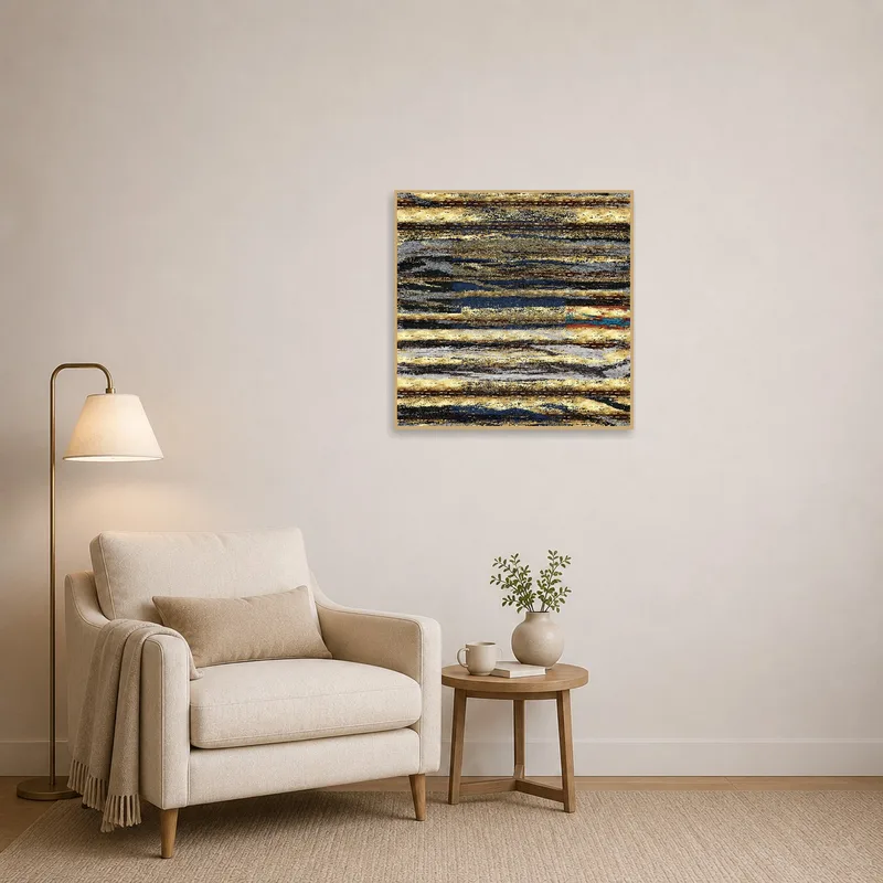 Abstract Textured Squares Artwork positioned above a cozy reading chair.