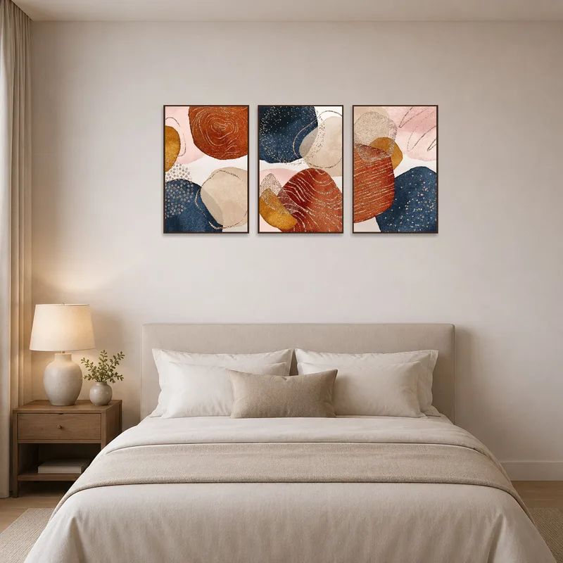 Earthy abstract triptych complementing a calm and serene bedroom decor.