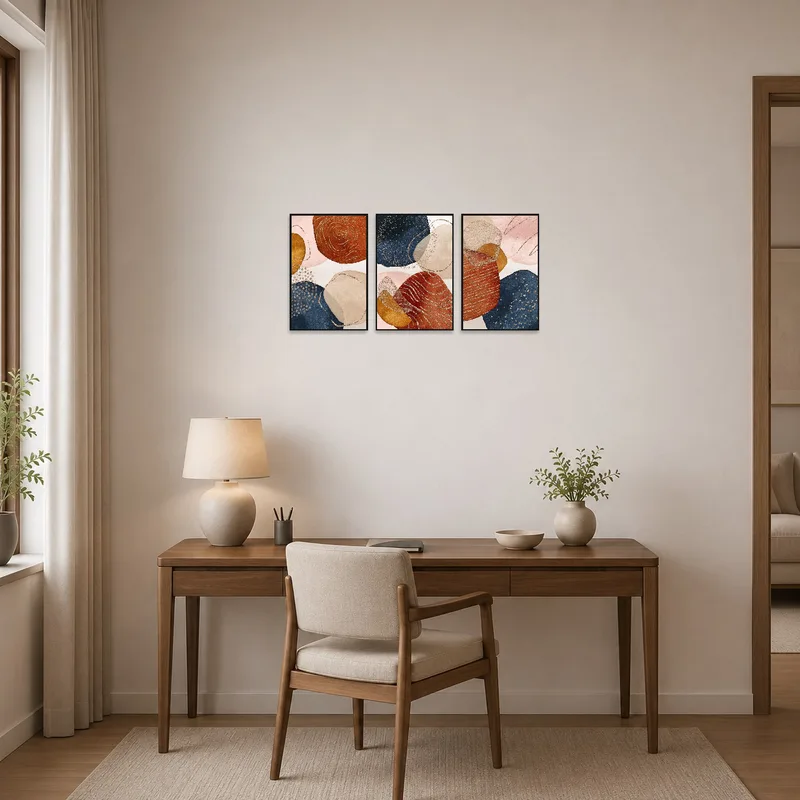 Textured triptych inspiring creativity in a well-organized home office.