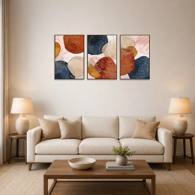 Triptych with earthy tones hanging above a modern sofa in the living room.