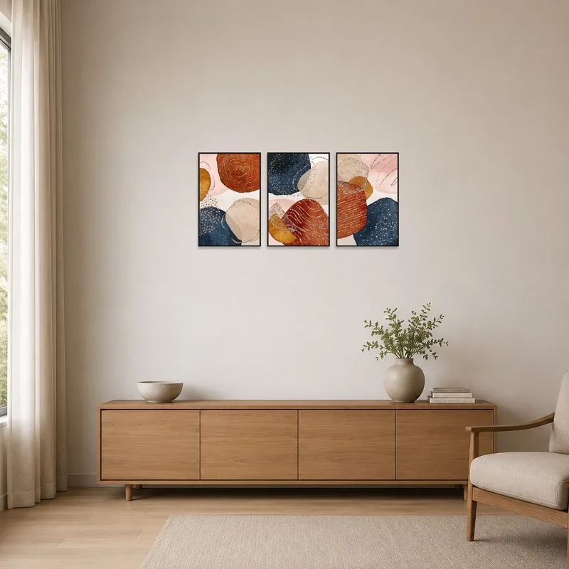 Textured abstract triptych accentuating clean lines in a minimalist space.