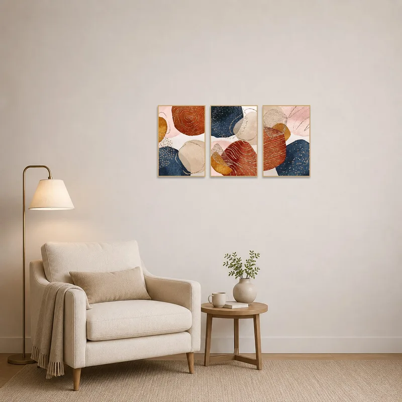 Abstract textured triptych adding warmth to a cozy reading corner.