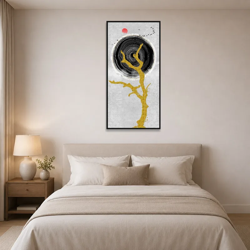 Bedroom highlighted by abstract tree art with a striking red sun.