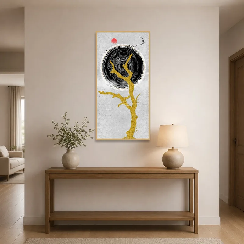 Entrance hall adorned with abstract tree art of a red sun and black circle.