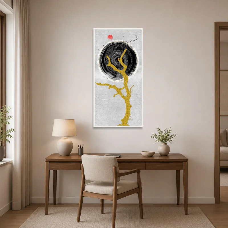 Home office enhanced by abstract art of a tree with a red sun.