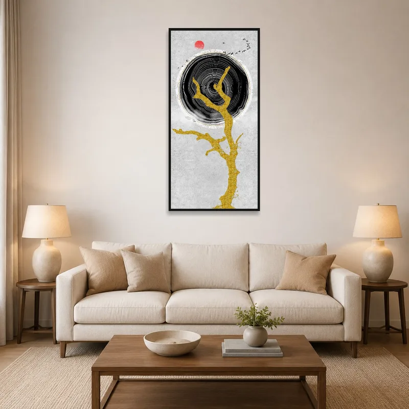 Abstract tree art with a red sun in a stylish living-room setting.