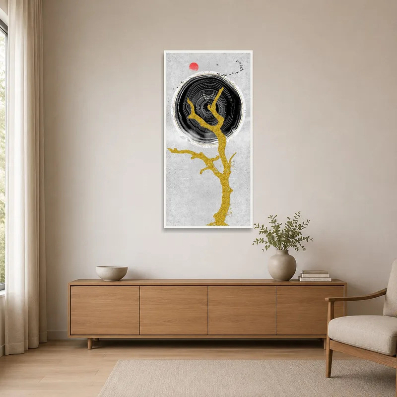 Minimalist room with abstract tree art featuring a red sun.