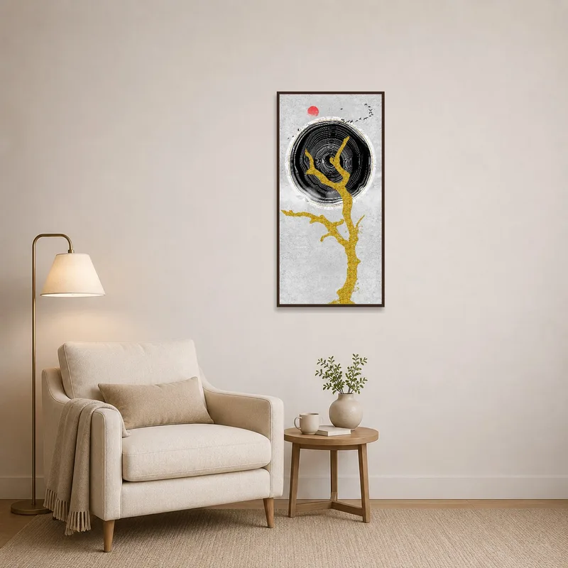 Reading corner displaying abstract tree artwork with a red sun theme.