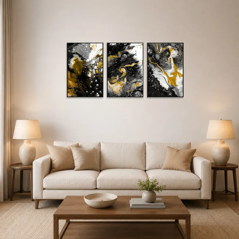 Abstract triptych in gold, black, and white on living room wall above a modern sofa.