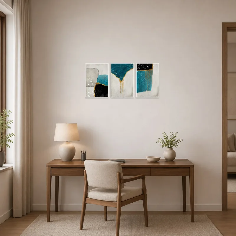 Home office accented by an abstract triptych with gold and teal colors.