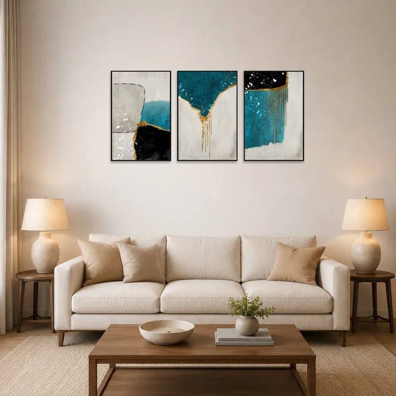 Abstract triptych with gold and teal accents brightening a chic living room wall.