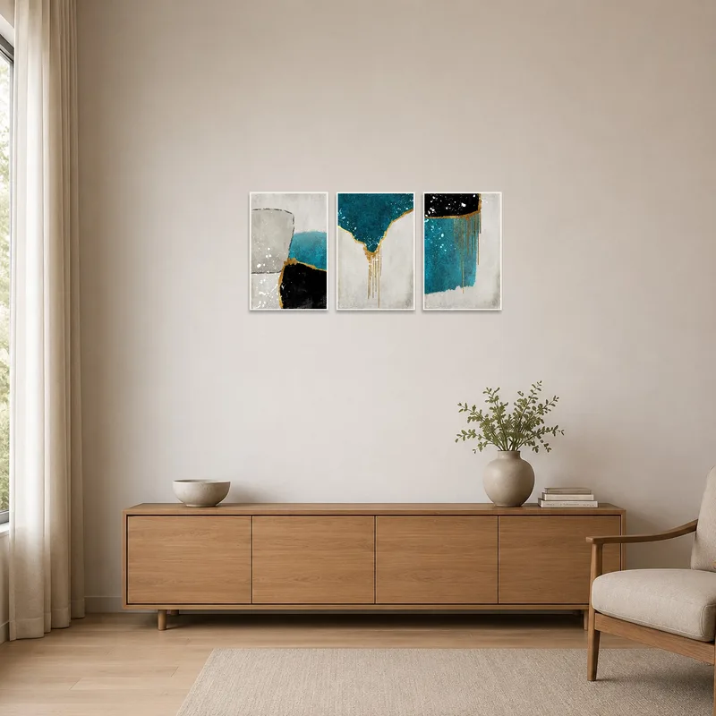 Minimalist space showcasing a striking abstract triptych in gold and teal hues.