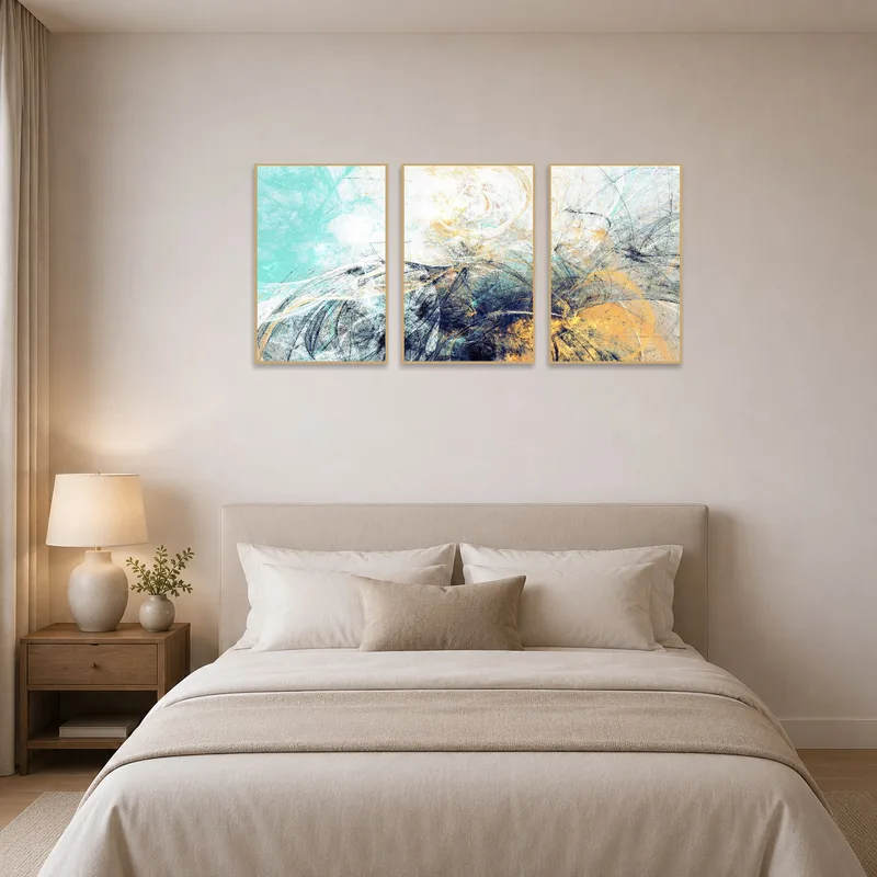 Bedroom with abstract turquoise and amber triptych artwork above the bed.