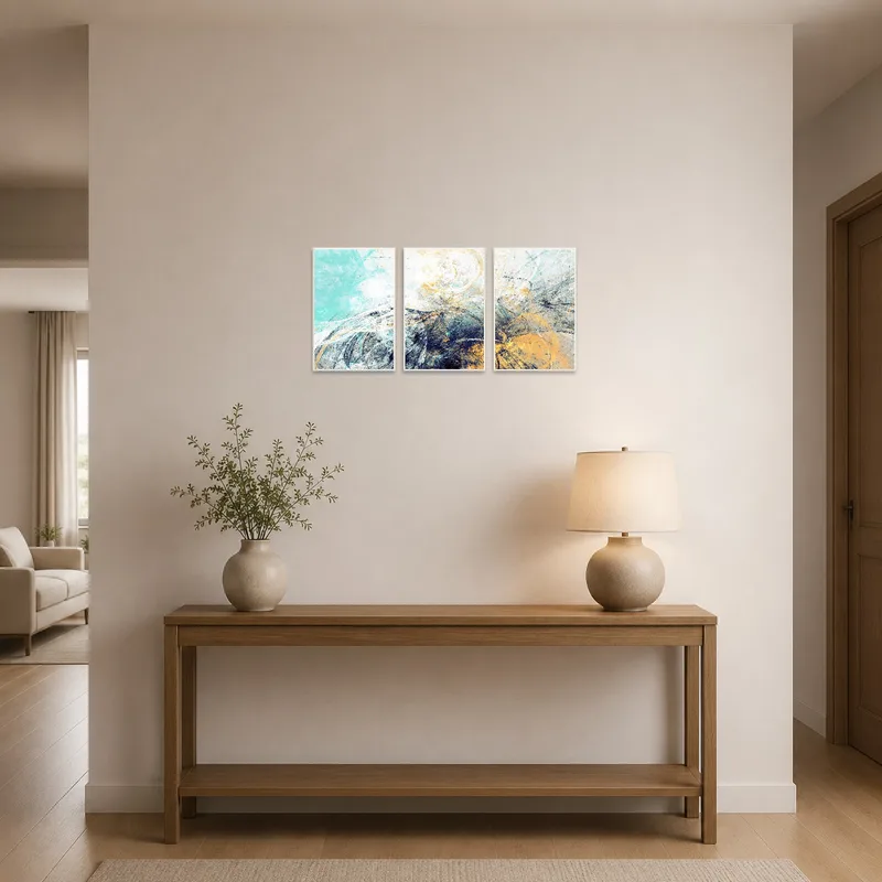 Entrance hall featuring an abstract triptych with turquoise and amber tones.