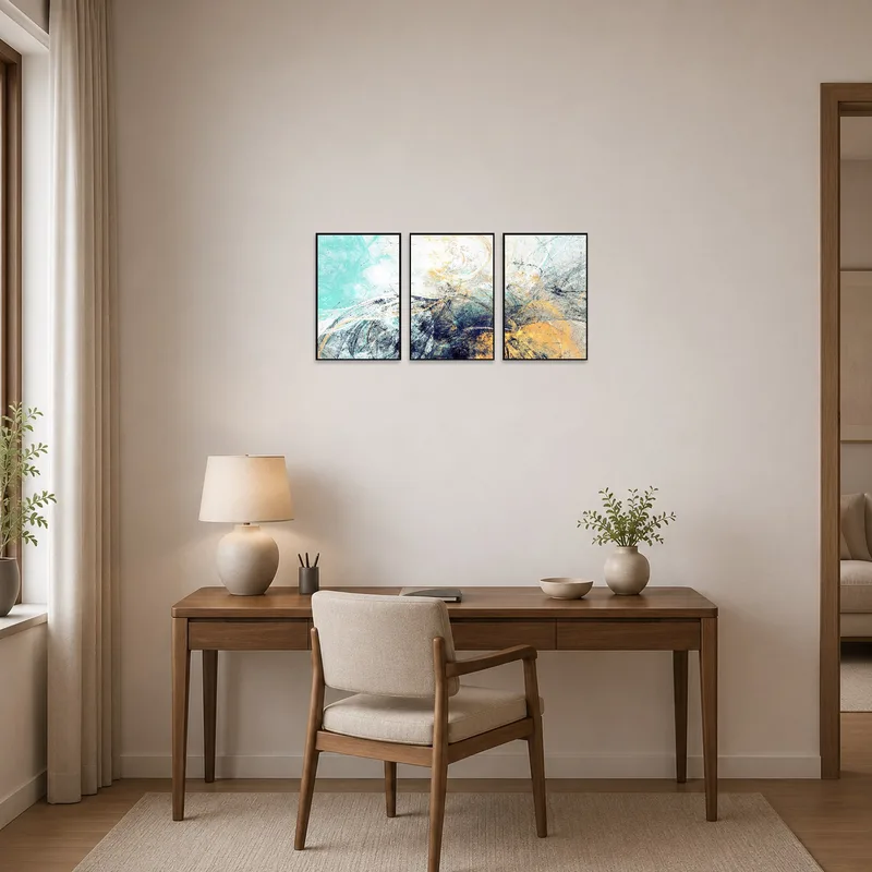 Home office featuring abstract triptych pieces in turquoise and amber on the wall.
