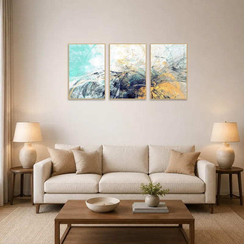 Abstract turquoise and amber triptych set on living room wall above a modern sofa.