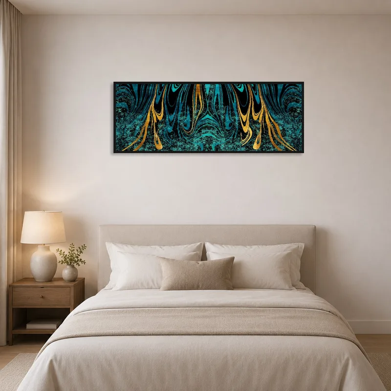 Turquoise and gold abstract art print as a calming presence in a bedroom.