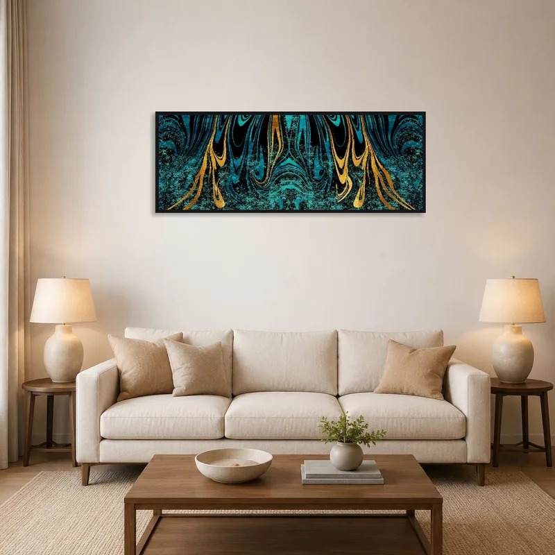 Abstract turquoise and gold art print above a modern living room sofa.