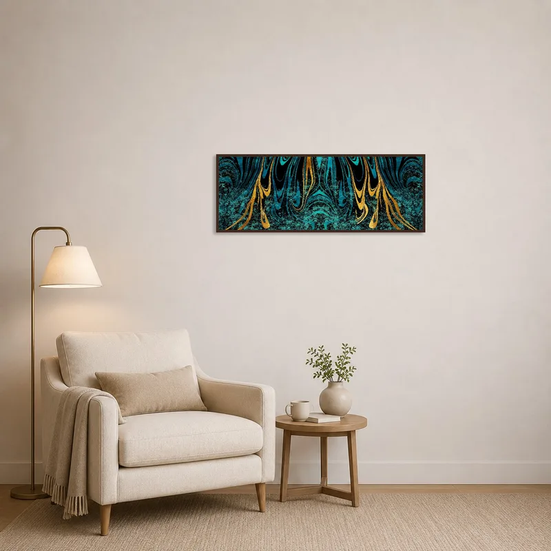 Abstract turquoise and gold art print creating a serene reading corner ambiance.