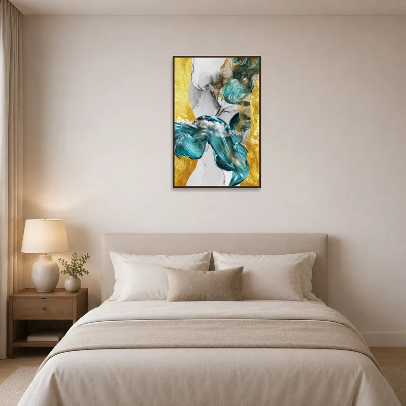 Serene turquoise and gold artwork complementing a restful bedroom atmosphere.