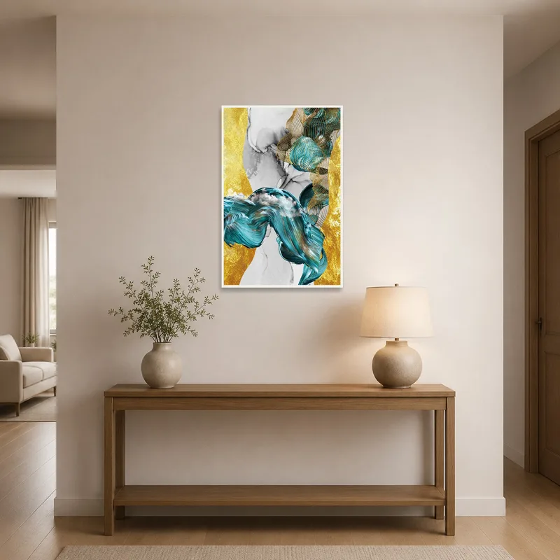 Fluid turquoise and gold artwork creating interest in an entrance hall backdrop.