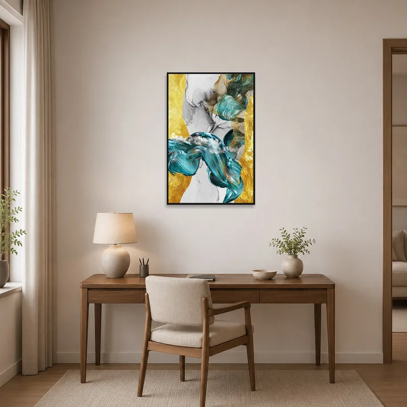 Turquoise and gold abstract art inspiring creativity in a home office setting.