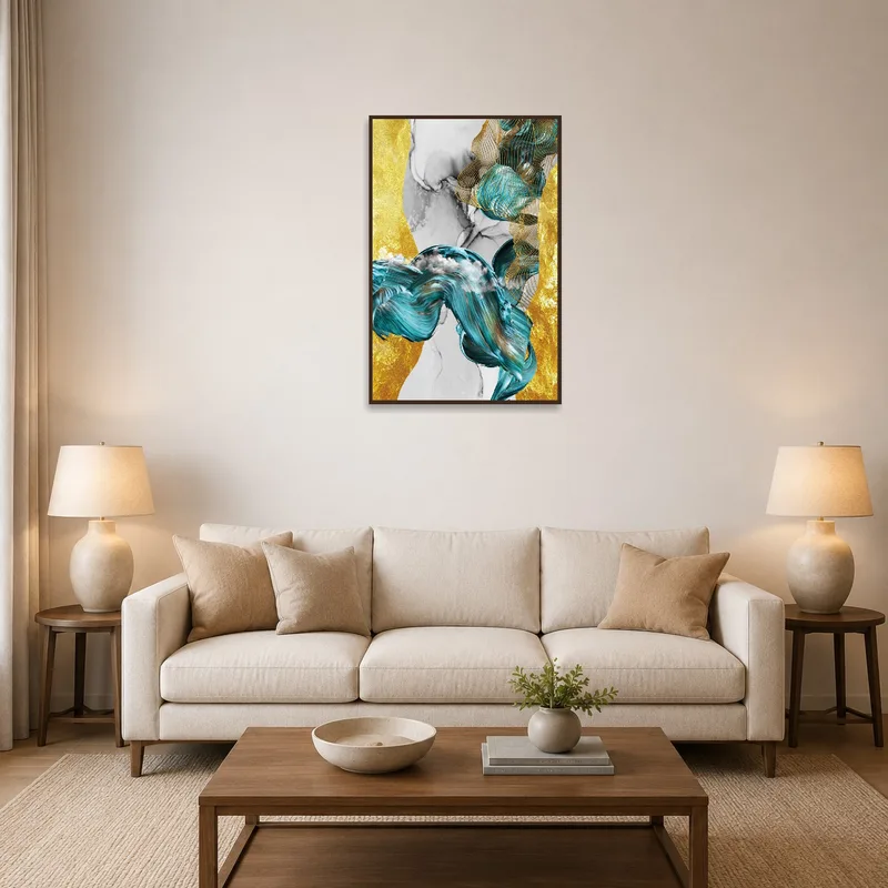 Abstract turquoise and gold fluid art adding elegance above a living room sofa.