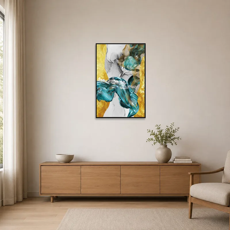 Bold turquoise and gold art piece accentuating a minimalist space's clean lines.