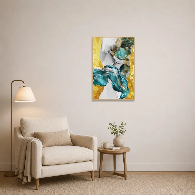 Turquoise and gold fluid art offering a calming presence in a cozy reading corner.
