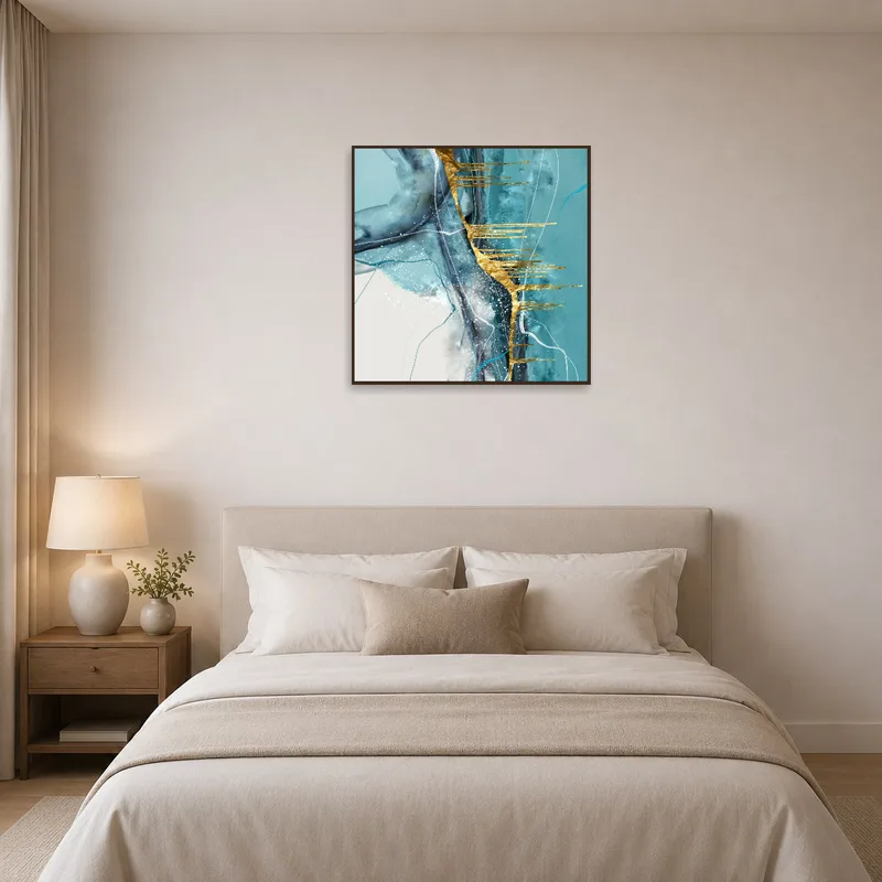 Tranquil turquoise and gold piece setting a calm tone in a bedroom.