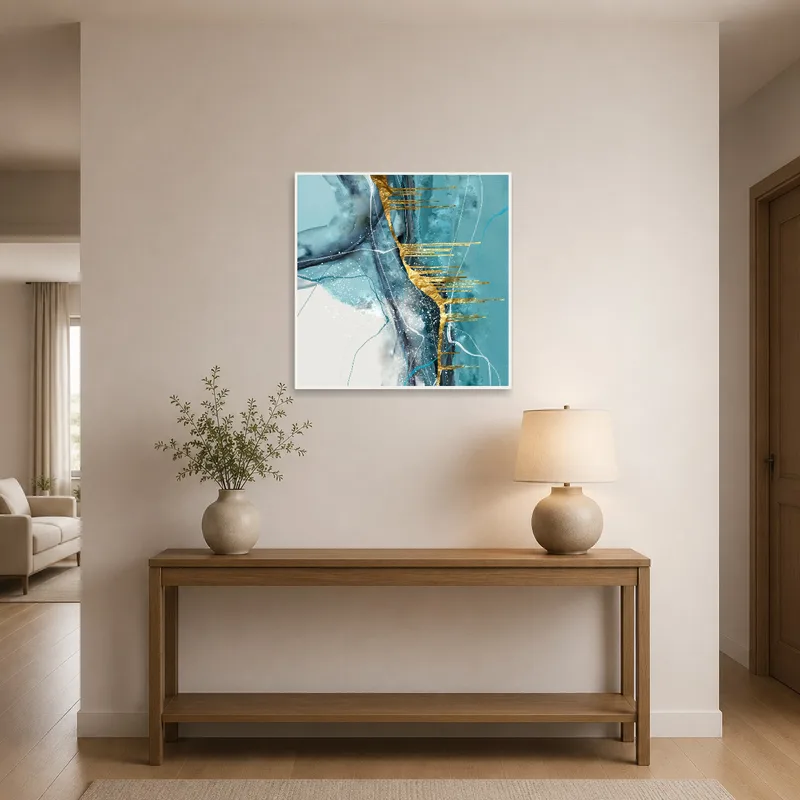 Striking piece with turquoise and gold hues in an entrance hall.