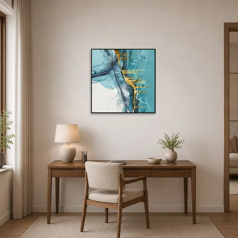 Modern turquoise and gold artwork inspiring a home office space.