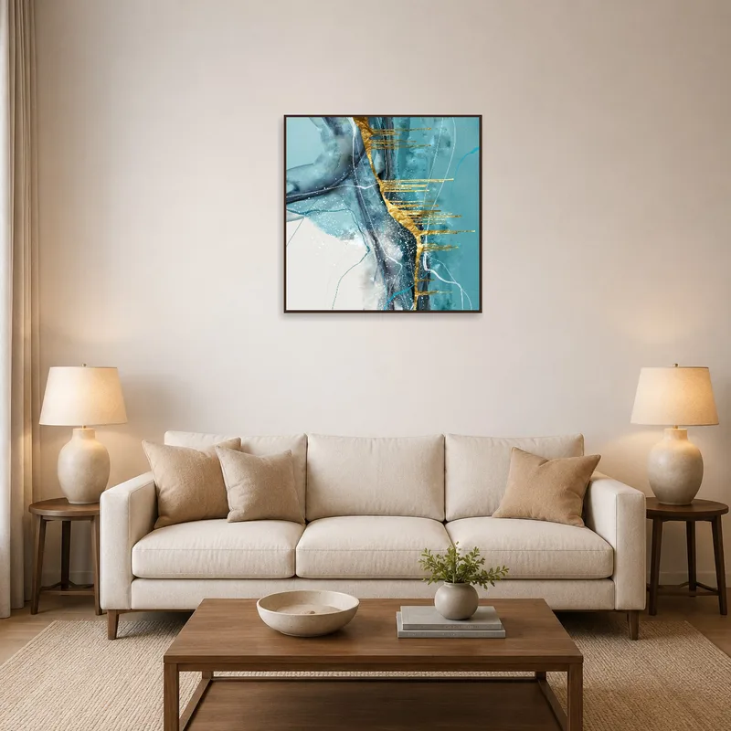 Abstract turquoise and gold piece above a chic sofa in a stylish living room.