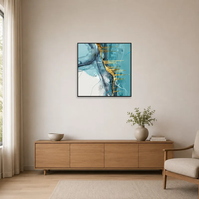 Turquoise and gold artwork adding flair to a minimalist room.