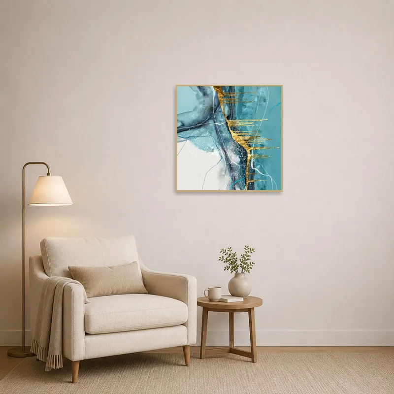 Elegant turquoise and gold art enhancing a cozy reading corner.