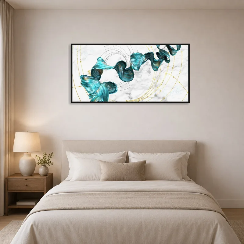 Turquoise and gold swirl art providing a calming touch to a bedroom.