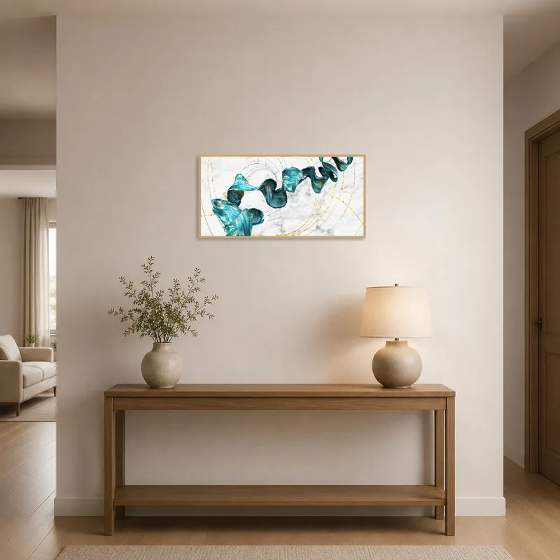 Turquoise and gold swirl art adding vibrancy to an entrance hall.