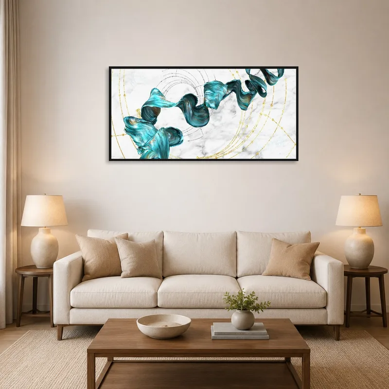 Turquoise and gold swirl art on a living room wall above a modern sofa.