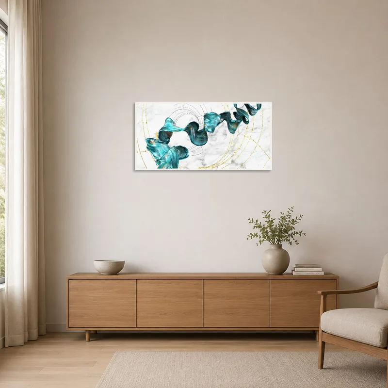 Turquoise and gold swirl art accentuating a minimalist room's clean lines.